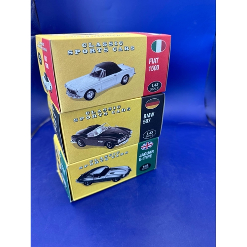 177 - Atlas classic sports cars Scale 1:43, Italian Fiat 1500, German BMW,507, and British Jaguar E-type