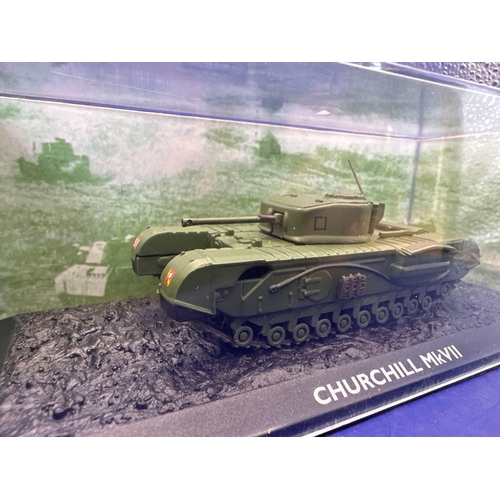 186 - Atlas Edition Ultimate tank in Perspex case, 1:72 scale. Churchill, MK V,II.