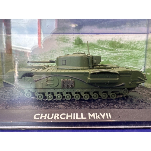 186 - Atlas Edition Ultimate tank in Perspex case, 1:72 scale. Churchill, MK V,II.