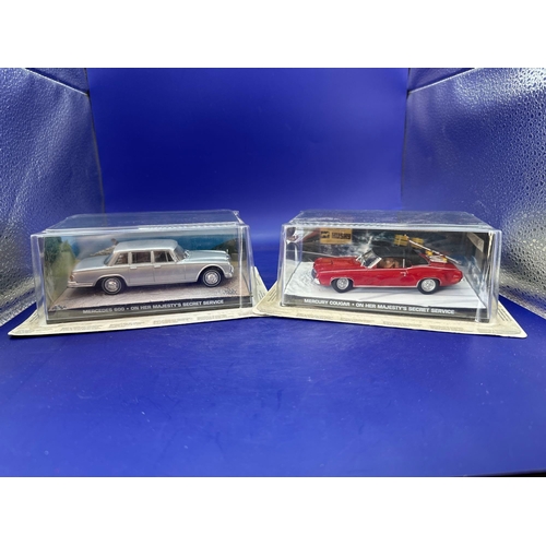 68 - 2 x James Bond Scale Diecast, Unopened Bubble Card. Mercedes 600 and mercury cougar from on her Maje... 