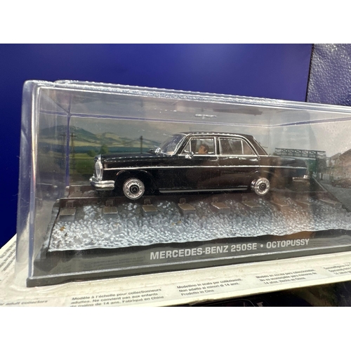 88 - 3 x James Bond Scale Diecast, Unopened Bubble Card. Mercedes-Benz 250 SE and Volga, M24 and Austin F... 