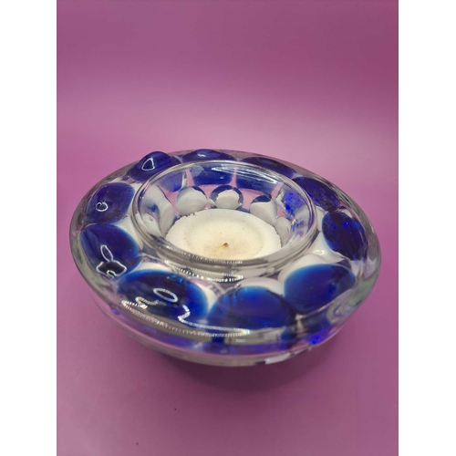 521 - 3x candle holders glass with blue glass pebble design