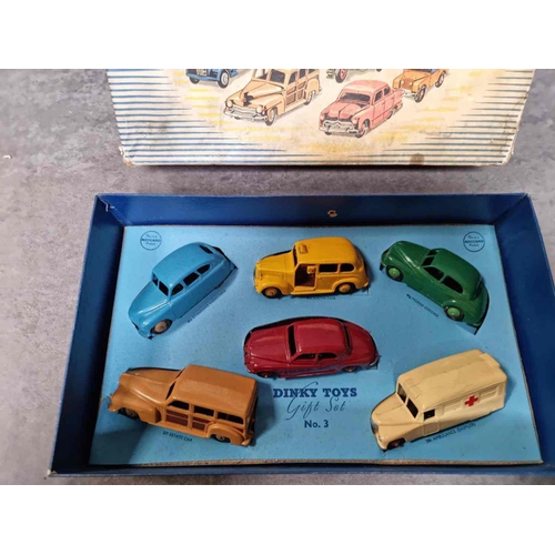 274 - Dinky Gift Set 3 Passenger Car Set Contains No.27F Estate Car - Two Tone Brown Body, Beige Ridged Hu... 