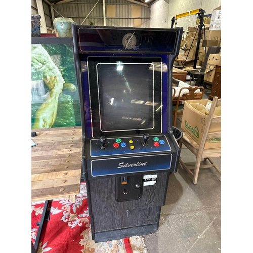 501A - Retro silverline Galexy Invaders Arcade Gaming Machine, takes 50p to play and comes with keys.