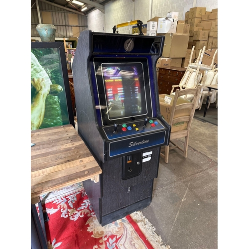 501A - Retro silverline Galexy Invaders Arcade Gaming Machine, takes 50p to play and comes with keys.