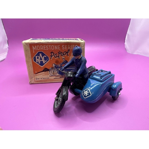 101 - Morestone Series RAC Patrol miniature model. Motorcycle and side car in black and blue with a blue R... 