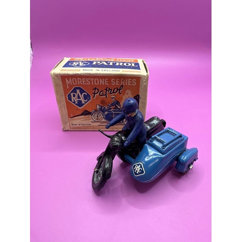 101 - Morestone Series RAC Patrol miniature model. Motorcycle and side car in black and blue with a blue R... 