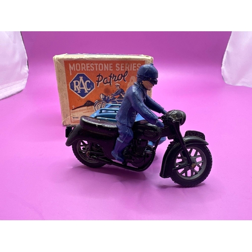 101 - Morestone Series RAC Patrol miniature model. Motorcycle and side car in black and blue with a blue R... 
