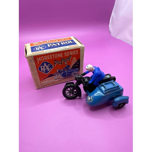 102 - Morestone Series RAC Patrol miniature model. Motorcycle and side car in black and blue with a blue R... 