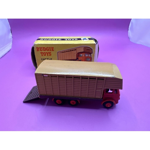 109 - Budgie Toys, Cattle Truck with Red Cab with Sand and Brown cattle box, (please note end box rabbis m... 