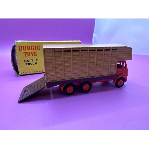 109 - Budgie Toys, Cattle Truck with Red Cab with Sand and Brown cattle box, (please note end box rabbis m... 