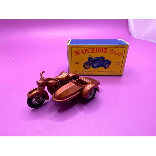 156 - Matchbox series, a moko Lesney product number 66. Harley Davidson and side car in bronze/ metallic b... 