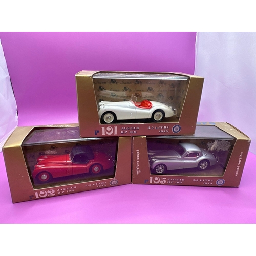 100 - Set of 3 Brumm Jaguars Diecasts. a red Jaguar soft top HP 160 1948 #102. A sliver hard top HP160 194... 