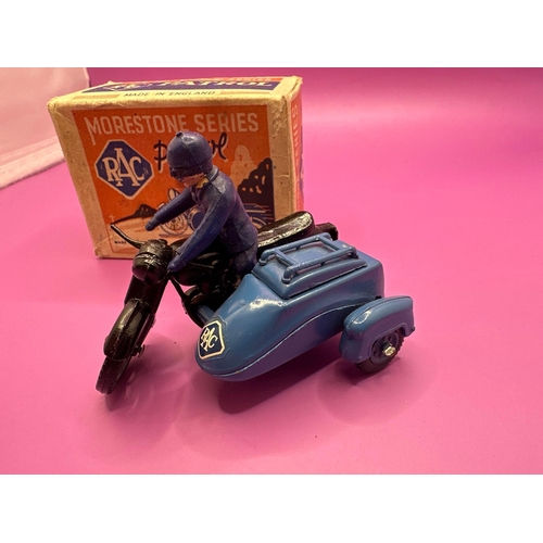 101 - Morestone Series RAC Patrol miniature model. Motorcycle and side car in black and blue with a blue R... 