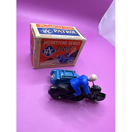 102 - Morestone Series RAC Patrol miniature model. Motorcycle and side car in black and blue with a blue R... 