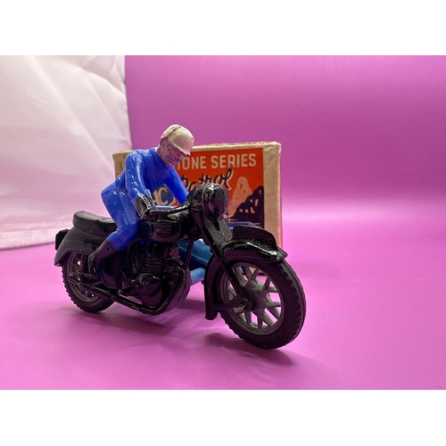 102 - Morestone Series RAC Patrol miniature model. Motorcycle and side car in black and blue with a blue R... 