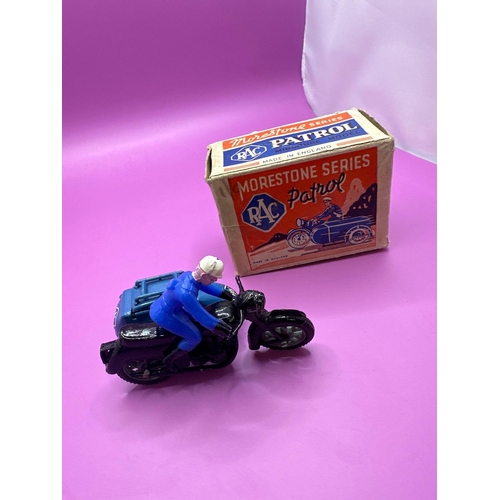 102 - Morestone Series RAC Patrol miniature model. Motorcycle and side car in black and blue with a blue R... 