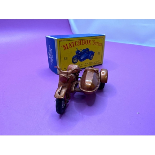 156 - Matchbox series, a moko Lesney product number 66. Harley Davidson and side car in bronze/ metallic b... 