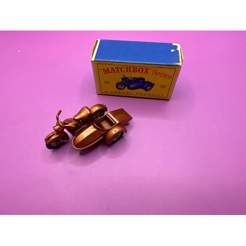 156 - Matchbox series, a moko Lesney product number 66. Harley Davidson and side car in bronze/ metallic b... 