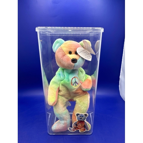 10 - TY Peace Beanie Bear hand made in China. DOB 1/2/1996 in Perspex case.