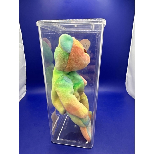 10 - TY Peace Beanie Bear hand made in China. DOB 1/2/1996 in Perspex case.