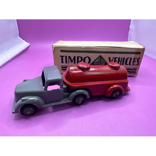 102 - Timpo Toys Articulated Tanker in Grey and Red. Box has one tab taped and pictured but over all good ... 