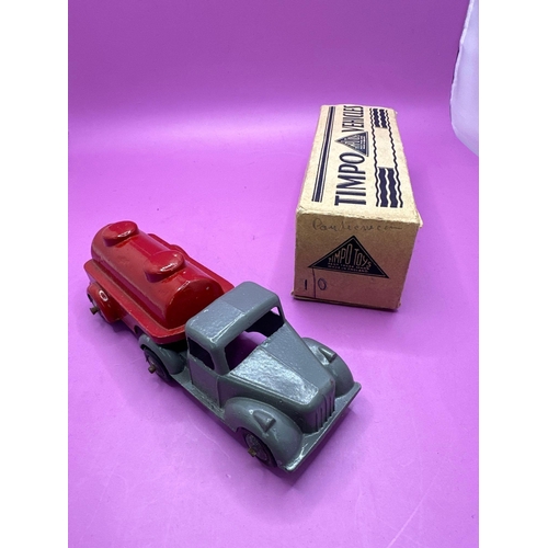 102 - Timpo Toys Articulated Tanker in Grey and Red. Box has one tab taped and pictured but over all good ... 