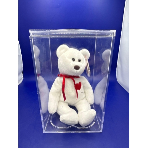 12 - TY Beanie Baby Bear Valentino hand made in Indonesia DOB 14/2/1994 in Perspex case