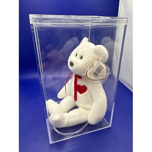 12 - TY Beanie Baby Bear Valentino hand made in Indonesia DOB 14/2/1994 in Perspex case