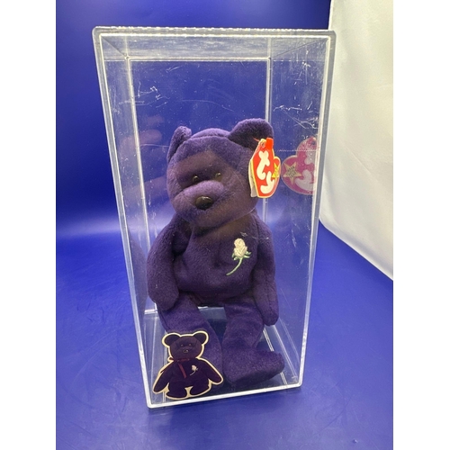 13 - TY Beanie Baby Bear Princess hand made in Indonesia for the princess of wales. In Perspex case