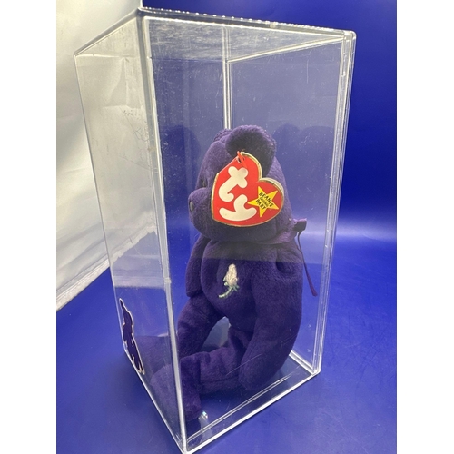 13 - TY Beanie Baby Bear Princess hand made in Indonesia for the princess of wales. In Perspex case