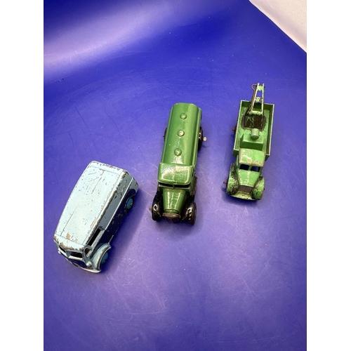 154 - 3 x dinky toys trucks. One includes Morris 10 CWT van in blue petrol, tankering, green and crane a t... 