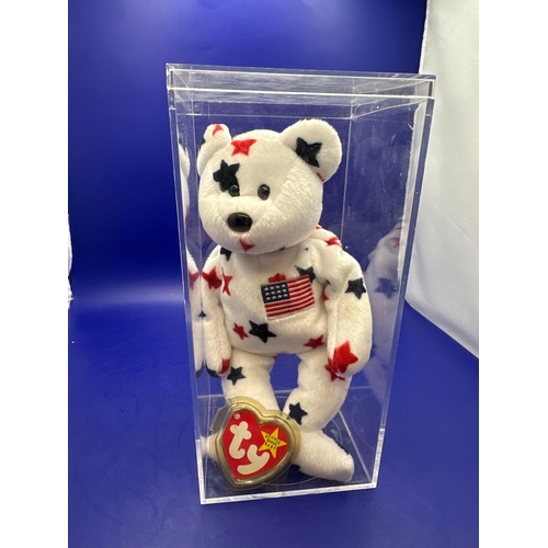 16 - TY Beanie Baby Bear Glory DOB 4/7/1997 hand made in China. In Perspex case. Tag not attached