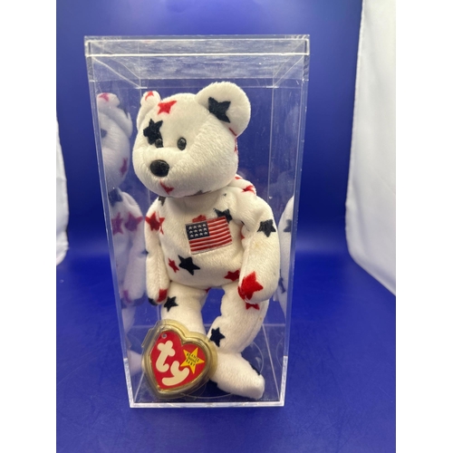 16 - TY Beanie Baby Bear Glory DOB 4/7/1997 hand made in China. In Perspex case. Tag not attached