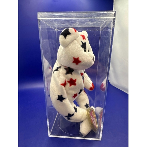 16 - TY Beanie Baby Bear Glory DOB 4/7/1997 hand made in China. In Perspex case. Tag not attached