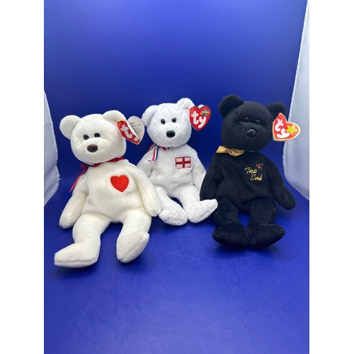 19 - 3 X TY Beanie Baby Bears. The End, England, Valentino. Complete with tags.