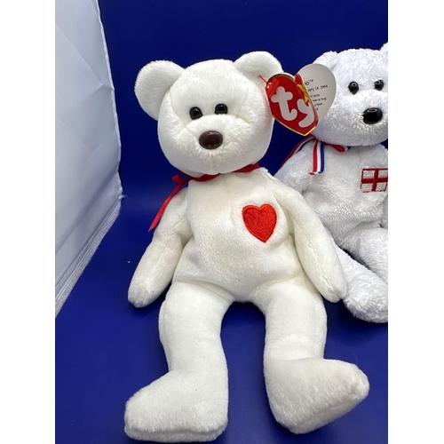 19 - 3 X TY Beanie Baby Bears. The End, England, Valentino. Complete with tags.