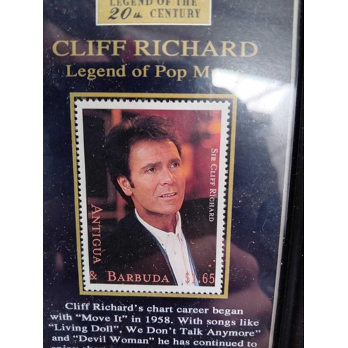 418 - Cliff Richard framed stamp and sixpence from 1985 the year Cliff Richard reached number 2 in the UK ... 