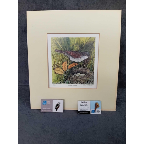 973 - 3 x bird related items1 x Whitethroat limited edition print by David J Cavey1 x Great Spotted Woodpe... 