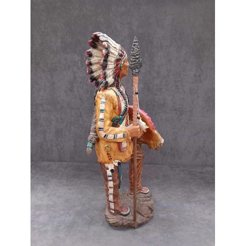 768 - The Leonardo Collection Indian Chief holding shield and feathered spear approximately 61cm tall