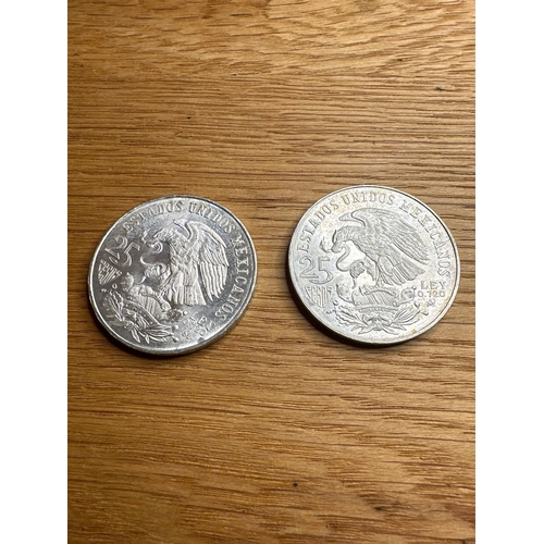 696 - Pair Of Mexico 1968 Olympic Silver 25 Peso Coins. This Lot Includes Paper Clipping. 72% Silver 28% C... 