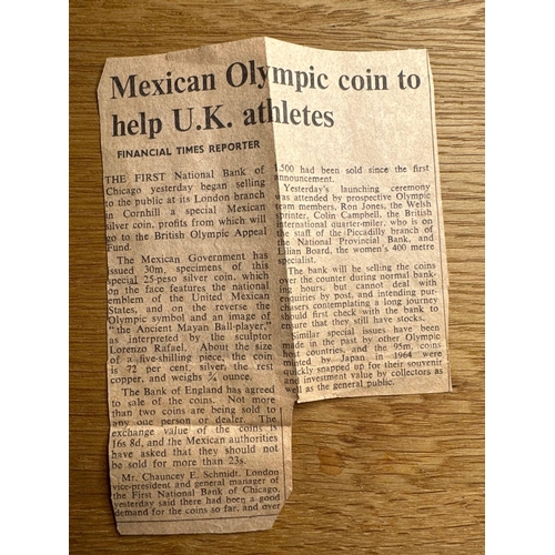 696 - Pair Of Mexico 1968 Olympic Silver 25 Peso Coins. This Lot Includes Paper Clipping. 72% Silver 28% C... 