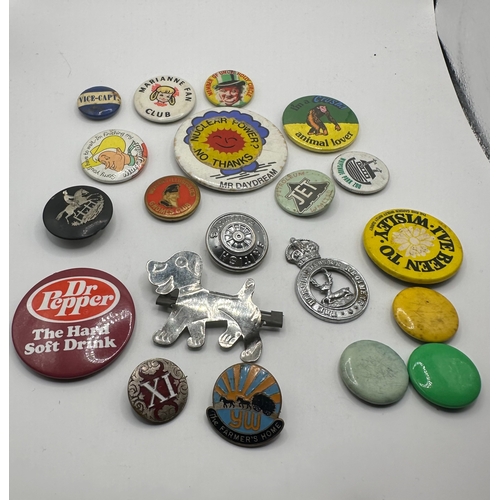 143 - A collection of 20 assorted vintage pins and badges, predominantly mid-20th century tin-plate and en... 