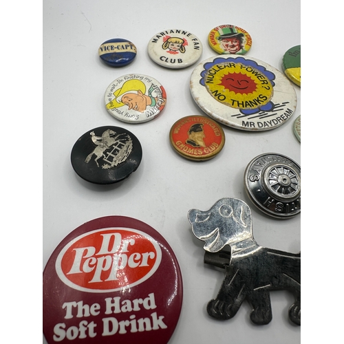 143 - A collection of 20 assorted vintage pins and badges, predominantly mid-20th century tin-plate and en... 