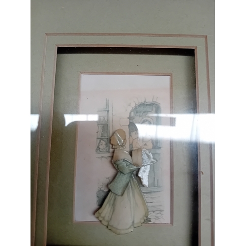 237 - A framed mixed-media artwork, suitable as wall art, featuring a central three-dimensional molded fig... 