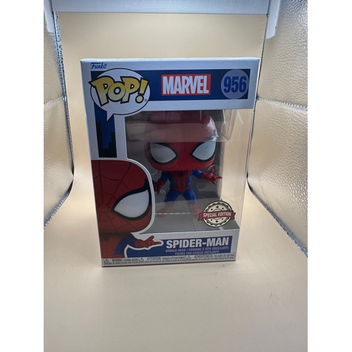 615 - A Funko Pop! Marvel 956 Spider-Man Special Edition bobble-head figure. The stylized plastic figure d... 
