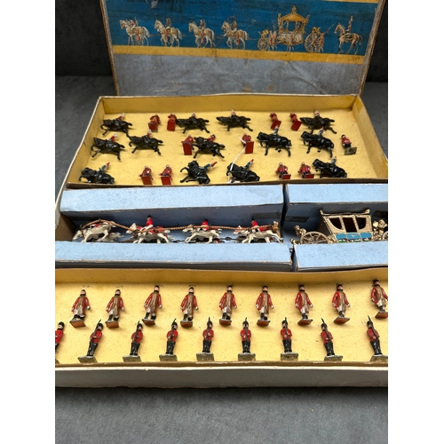657 - ER Royal set includes queens guards and horse and carriage. made by John Hill Co Metal Toys.&nbsp;