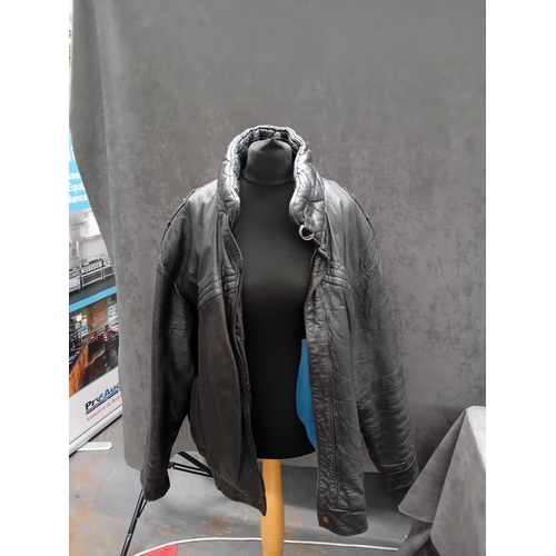 31 - St Michael Black Leather Motorbike Jacket With Blue Inner Lining Size Large As Pictured