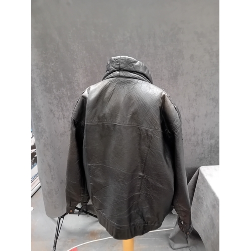 31 - St Michael Black Leather Motorbike Jacket With Blue Inner Lining Size Large As Pictured