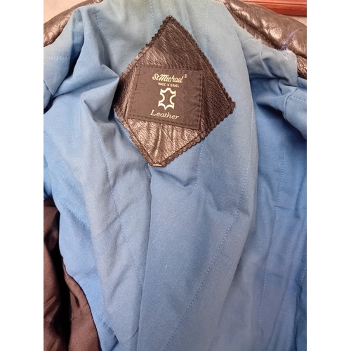 31 - St Michael Black Leather Motorbike Jacket With Blue Inner Lining Size Large As Pictured